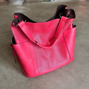 Large Genuine Leather Red Perforated Front Purse Bag - Side Pockets, Snap Close